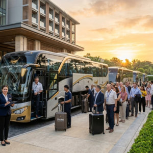 Professional DMC guide coordinating group travel logistics Thailand with coaches outside a Phuket hotel