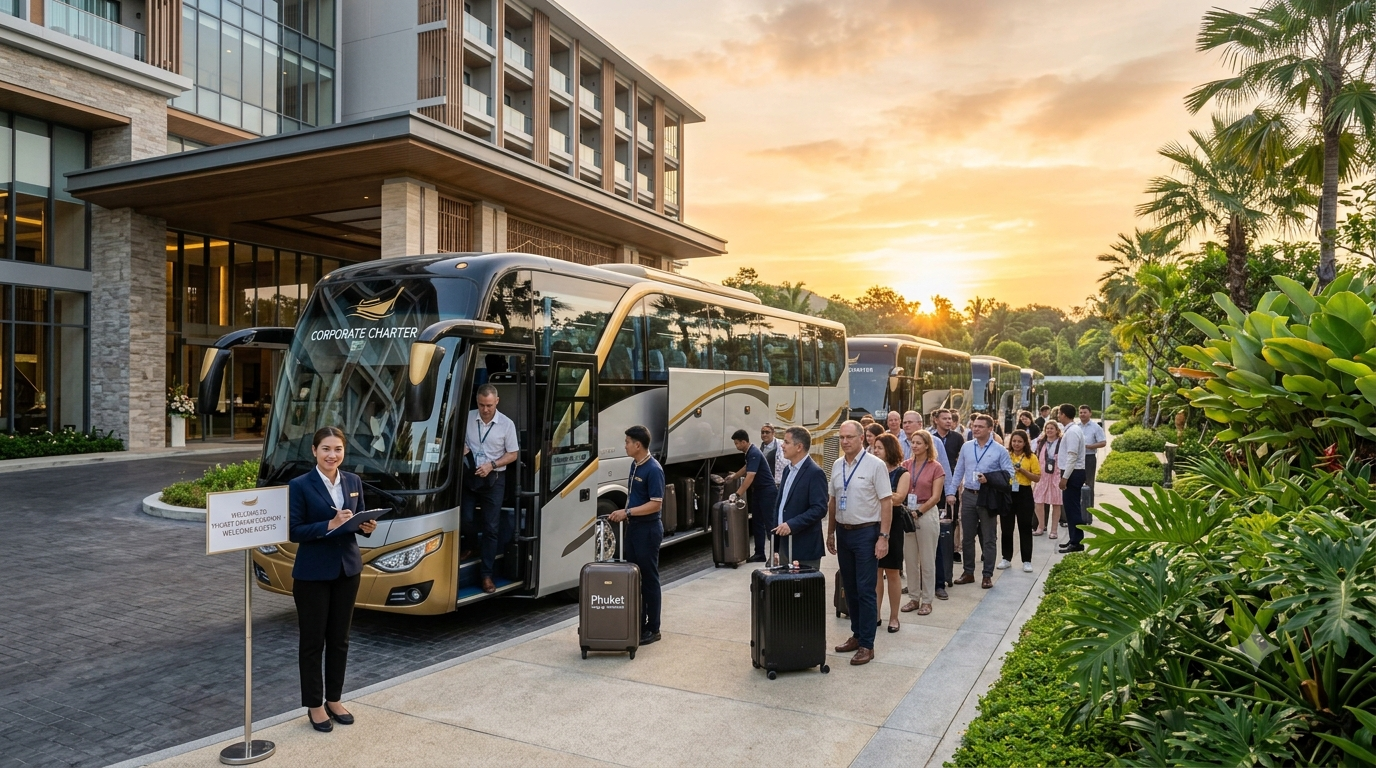 Professional DMC guide coordinating group travel logistics Thailand with coaches outside a Phuket hotel