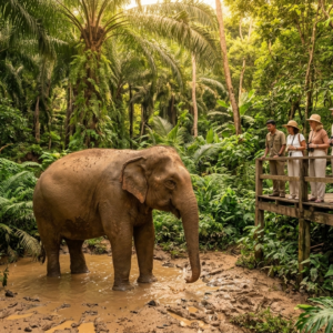 Visitors observing an Asian elephant at an ethical elephant sanctuary in Phuket, surrounded by tropical jungle