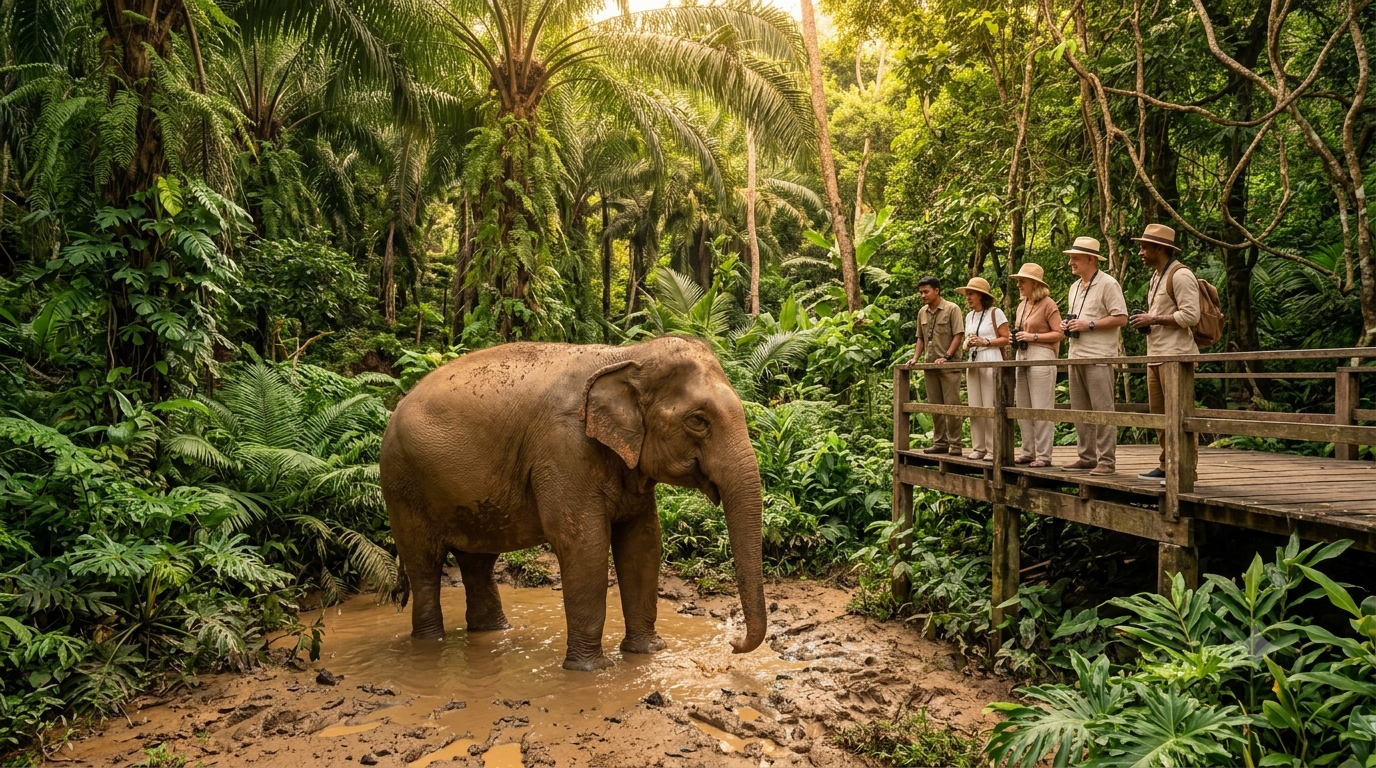 Visitors observing an Asian elephant at an ethical elephant sanctuary in Phuket, surrounded by tropical jungle