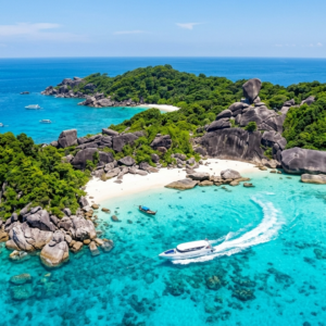 Aerial view of the Similan Islands showing turquoise water, granite boulders, and white sand beaches — Similan Islands travel guide