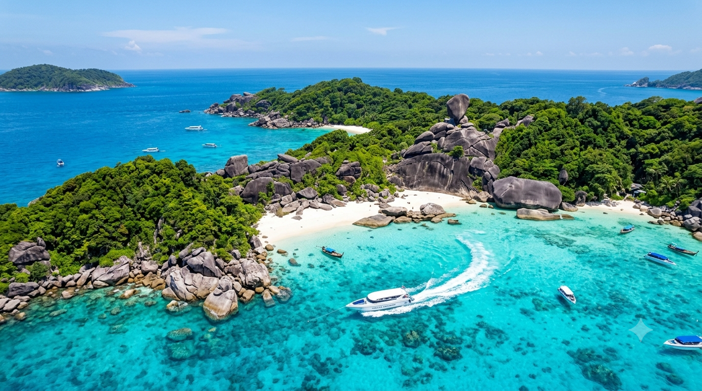 Aerial view of the Similan Islands showing turquoise water, granite boulders, and white sand beaches — Similan Islands travel guide