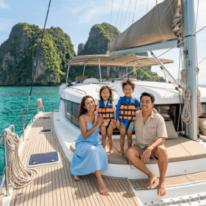 Family enjoying Phuket family activities with kids on a catamaran in the Andaman Sea