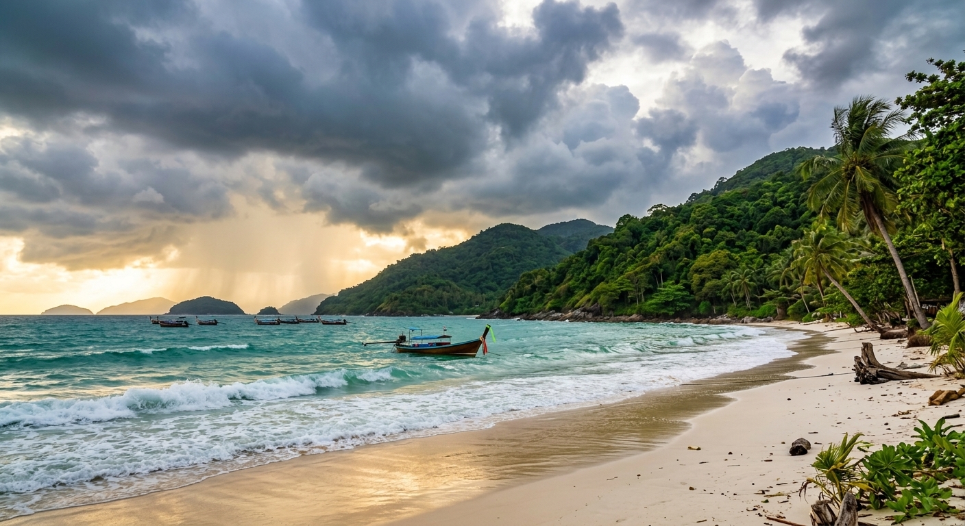 Empty Phuket beach during low season rainy season travel with dramatic clouds and lush green hills