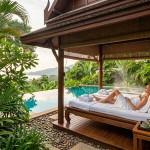 Woman relaxing at a wellness retreat Phuket spa with tropical garden and infinity pool in the background
