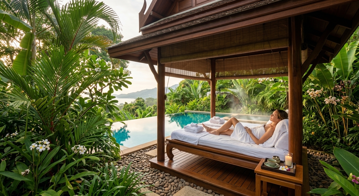 Woman relaxing at a wellness retreat Phuket spa with tropical garden and infinity pool in the background