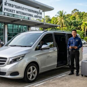 VIP minivan ready for a private transfer at Phuket airport with a uniformed driver