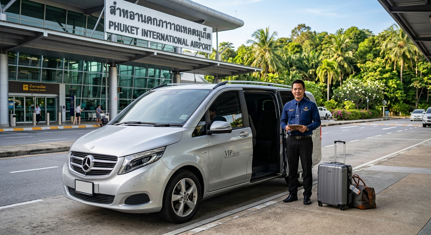 VIP minivan ready for a private transfer at Phuket airport with a uniformed driver