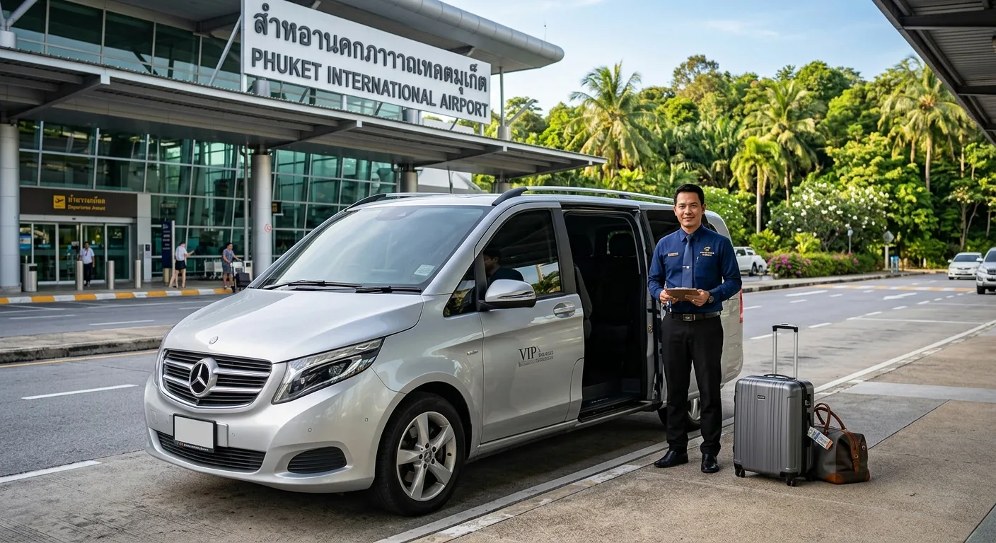 VIP minivan ready for a private transfer at Phuket airport with a uniformed driver