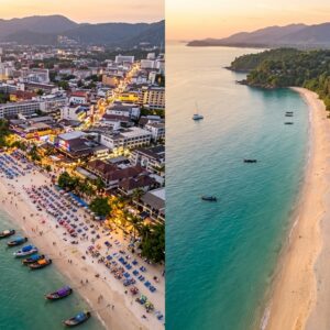 Aerial comparison of Phuket beach and Khao Lak beach for travellers deciding Phuket vs Khao Lak which is better