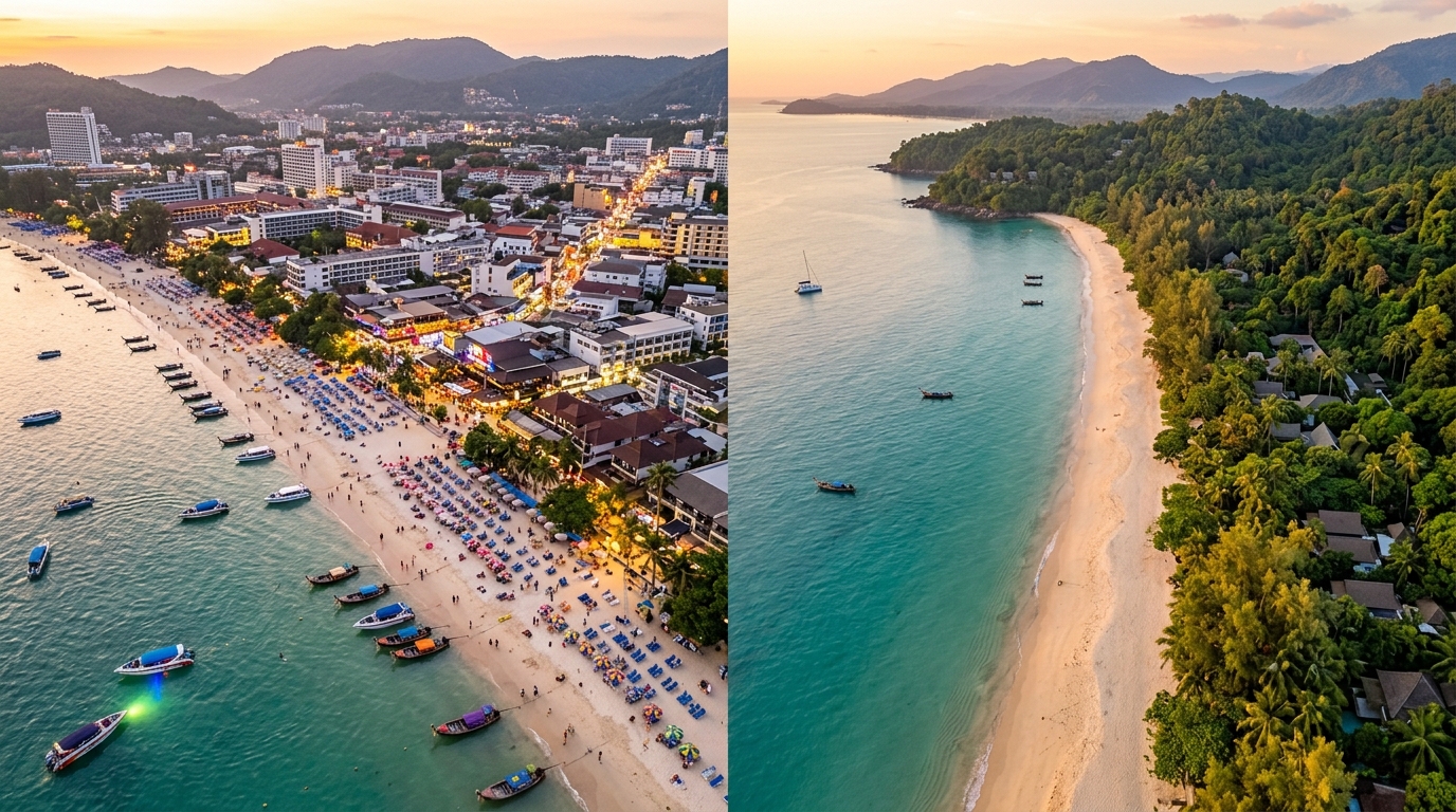 Aerial comparison of Phuket beach and Khao Lak beach for travellers deciding Phuket vs Khao Lak which is better