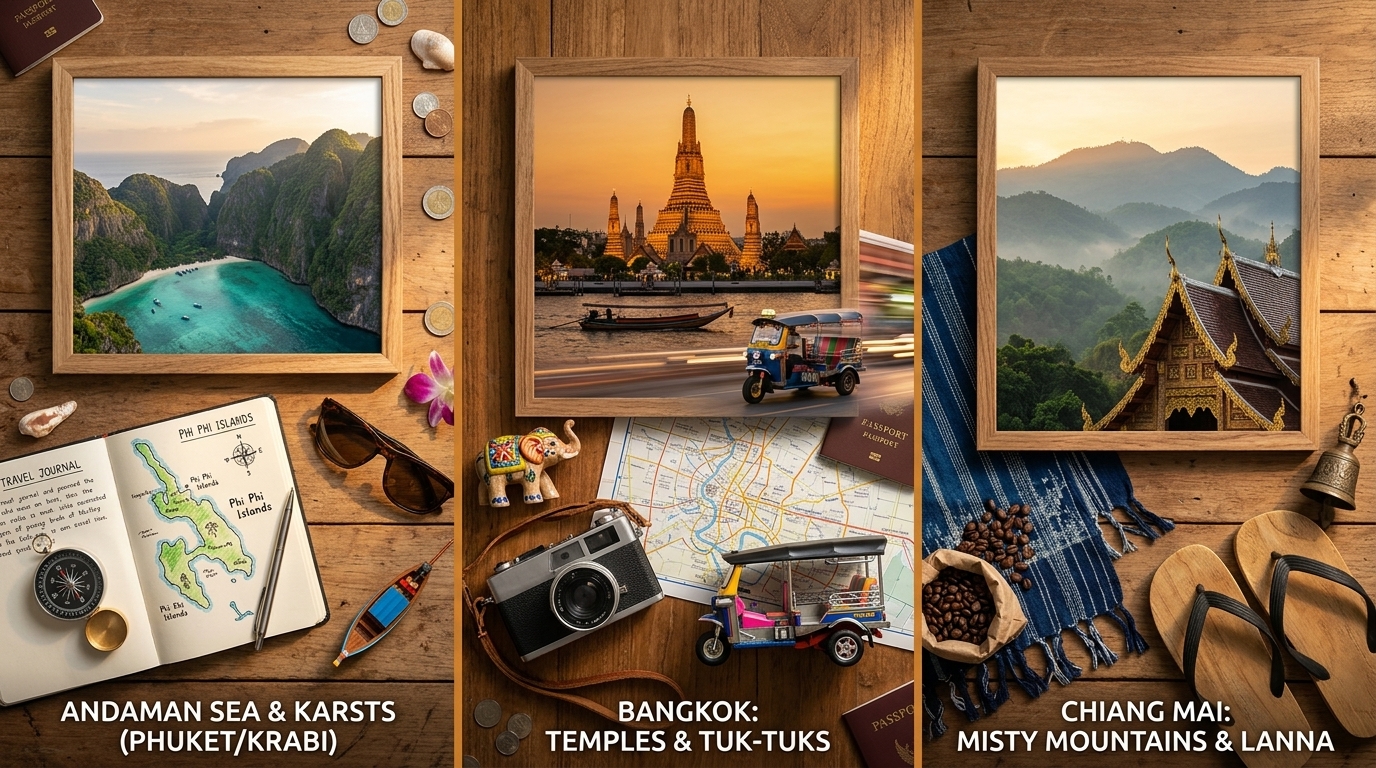 A Thailand multi-destination itinerary combining Phuket beaches, Bangkok temples, and Chiang Mai mountains