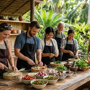Travellers taking a Thai cooking class in Phuket, preparing fresh ingredients at an outdoor kitchen