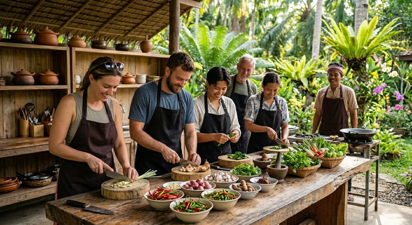 Travellers taking a Thai cooking class in Phuket, preparing fresh ingredients at an outdoor kitchen