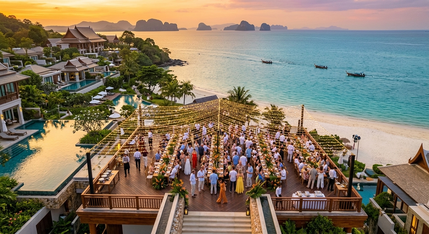 Corporate delegates at a beachfront gala dinner in Phuket, illustrating a MICE Phuket conference incentive event