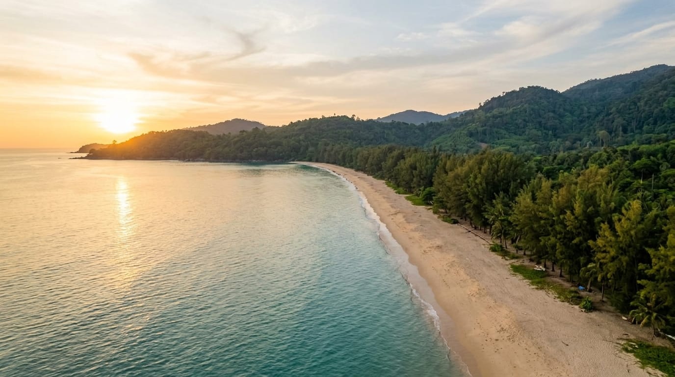 Empty golden-hour beach in Khao Lak Thailand with turquoise sea and jungle hills — things to do in Khao Lak Thailand