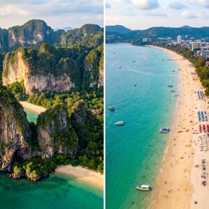 Krabi vs Phuket travel guide split view showing Railay Beach limestone cliffs and Phuket's Patong Beach