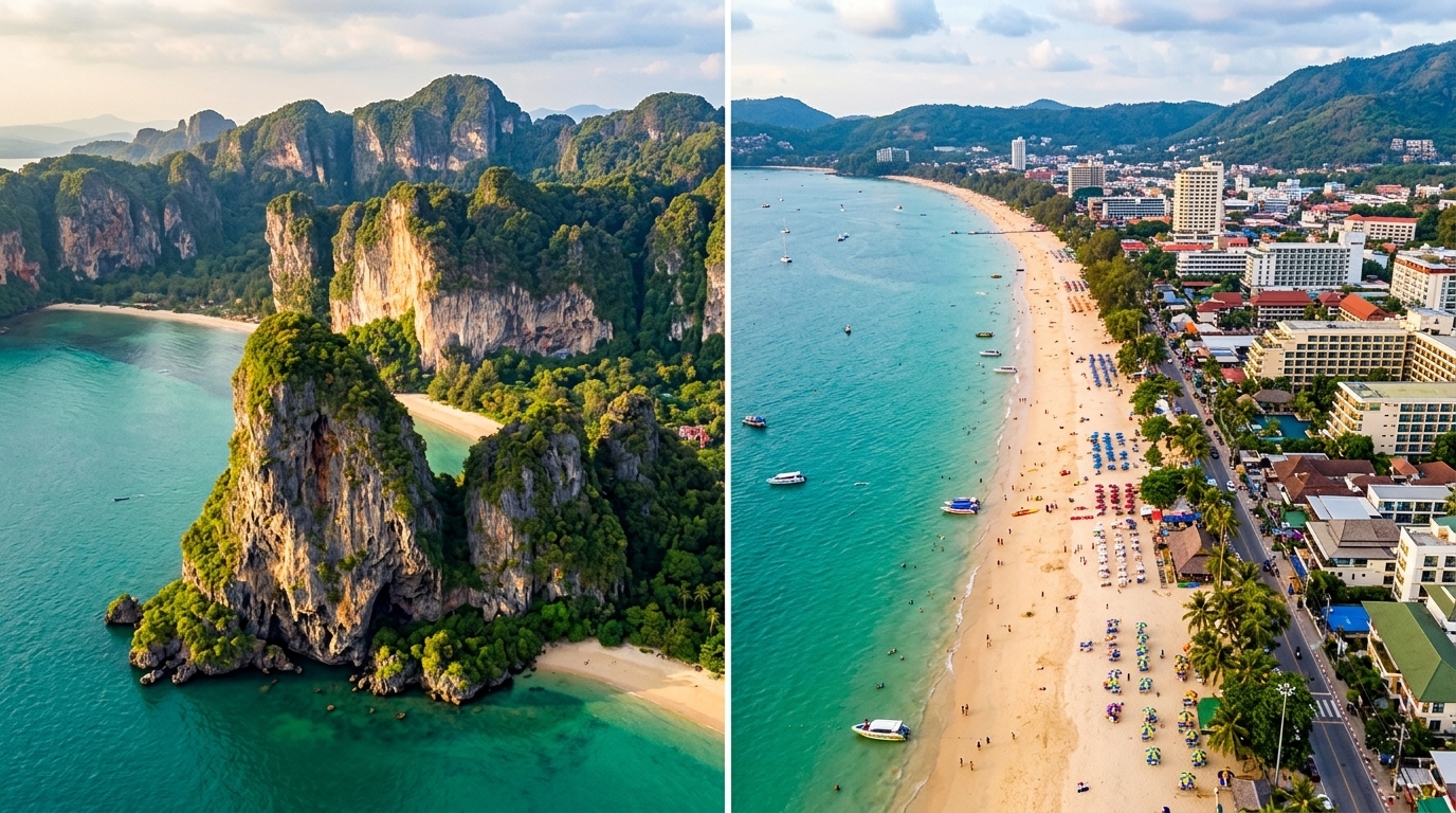 Krabi vs Phuket travel guide split view showing Railay Beach limestone cliffs and Phuket's Patong Beach
