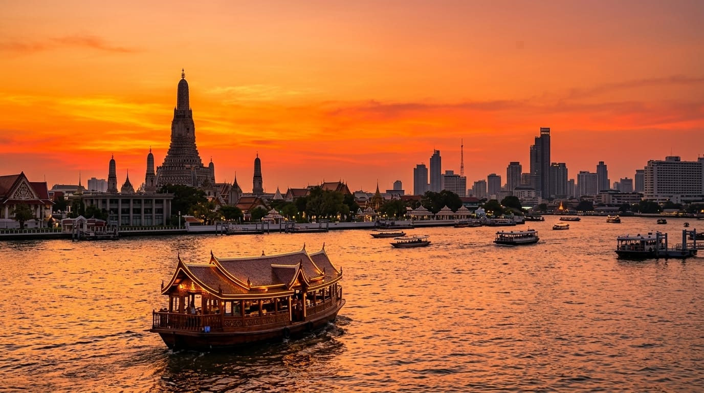 Bangkok first-time visitor guide – dinner cruise on the Chao Phraya River at sunset with the Temple of Dawn in the background