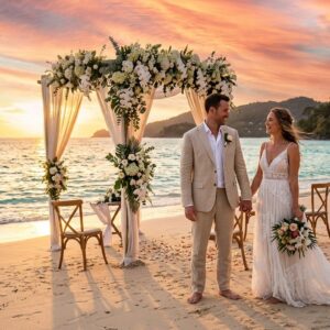 Dreaming of a Phuket Wedding? Let Us Handle Every Detail for Your Perfect Day Couple exchanging vows on a golden Phuket beach at sunset during a romantic destination wedding in Thailand