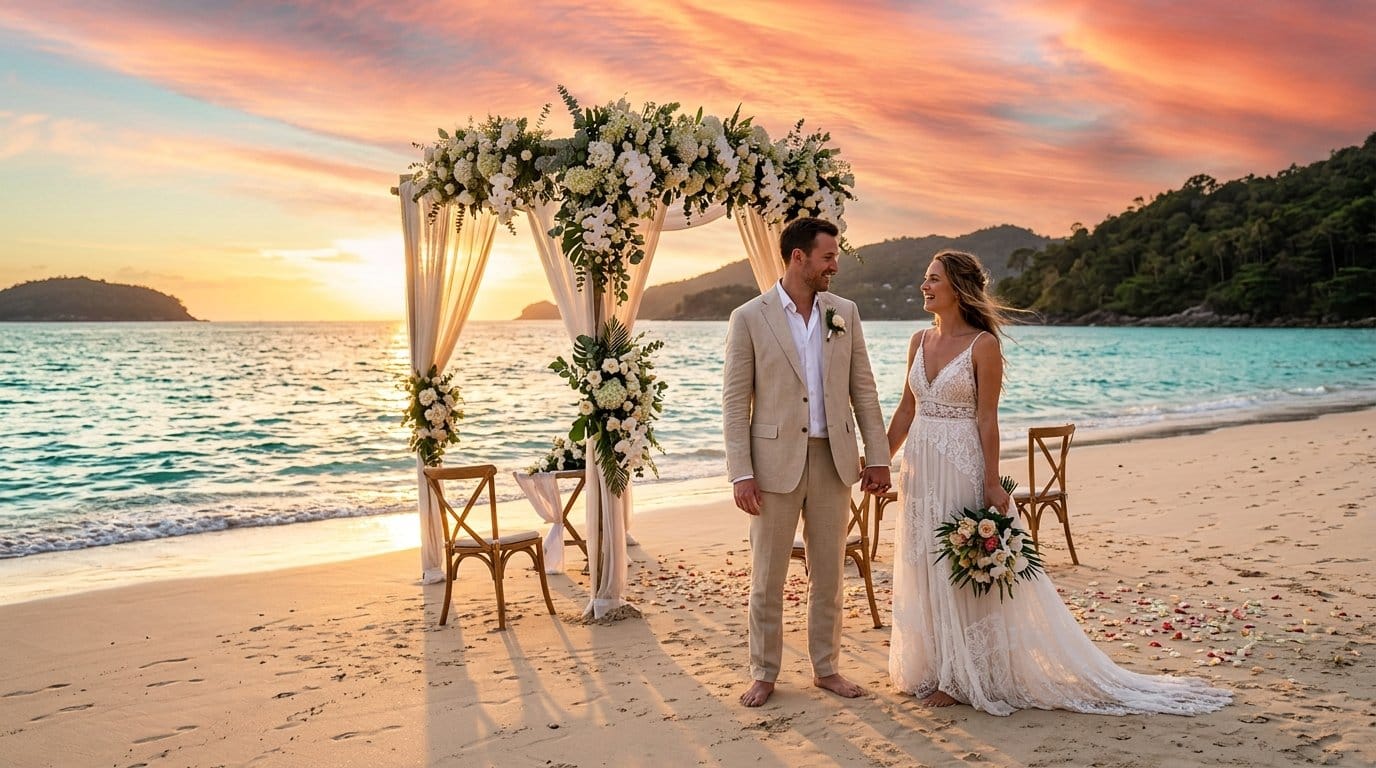 Couple exchanging vows on a golden Phuket beach at sunset during a romantic destination wedding in Thailand