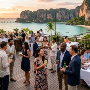 Hosting a Big Group in Thailand? Discover Seamless MICE and Group Booking Solutions with Us Large corporate group enjoying a seamless MICE event on a luxury Phuket resort terrace overlooking the Andaman Sea.