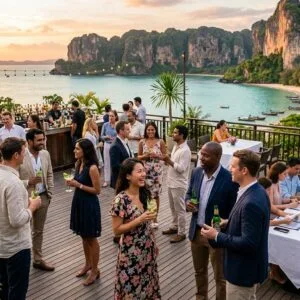 Hosting a Big Group in Thailand? Discover Seamless MICE and Group Booking Solutions with Us Large corporate group enjoying a seamless MICE event on a luxury Phuket resort terrace overlooking the Andaman Sea.