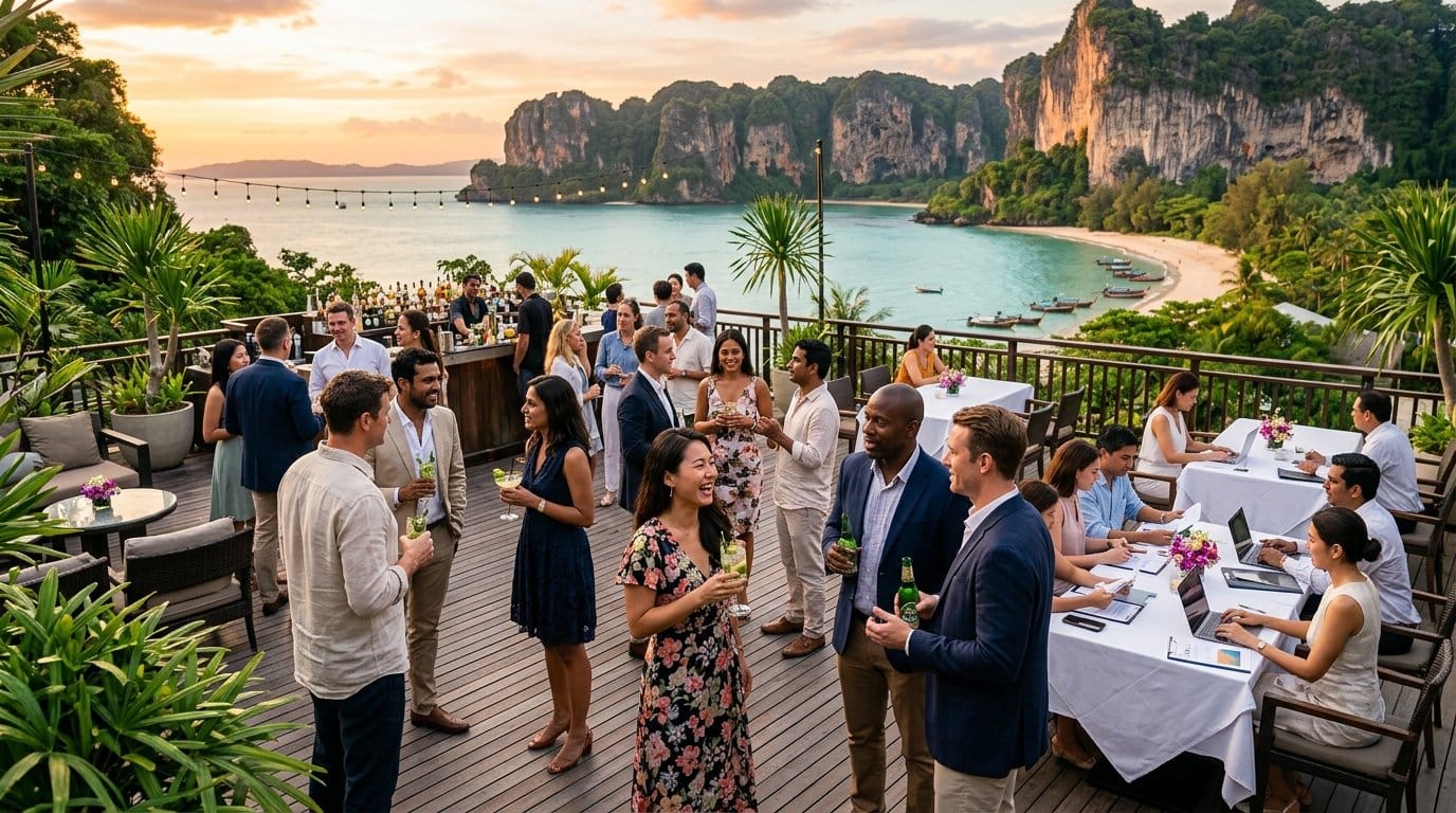 Large corporate group enjoying a seamless MICE event on a luxury Phuket resort terrace overlooking the Andaman Sea.
