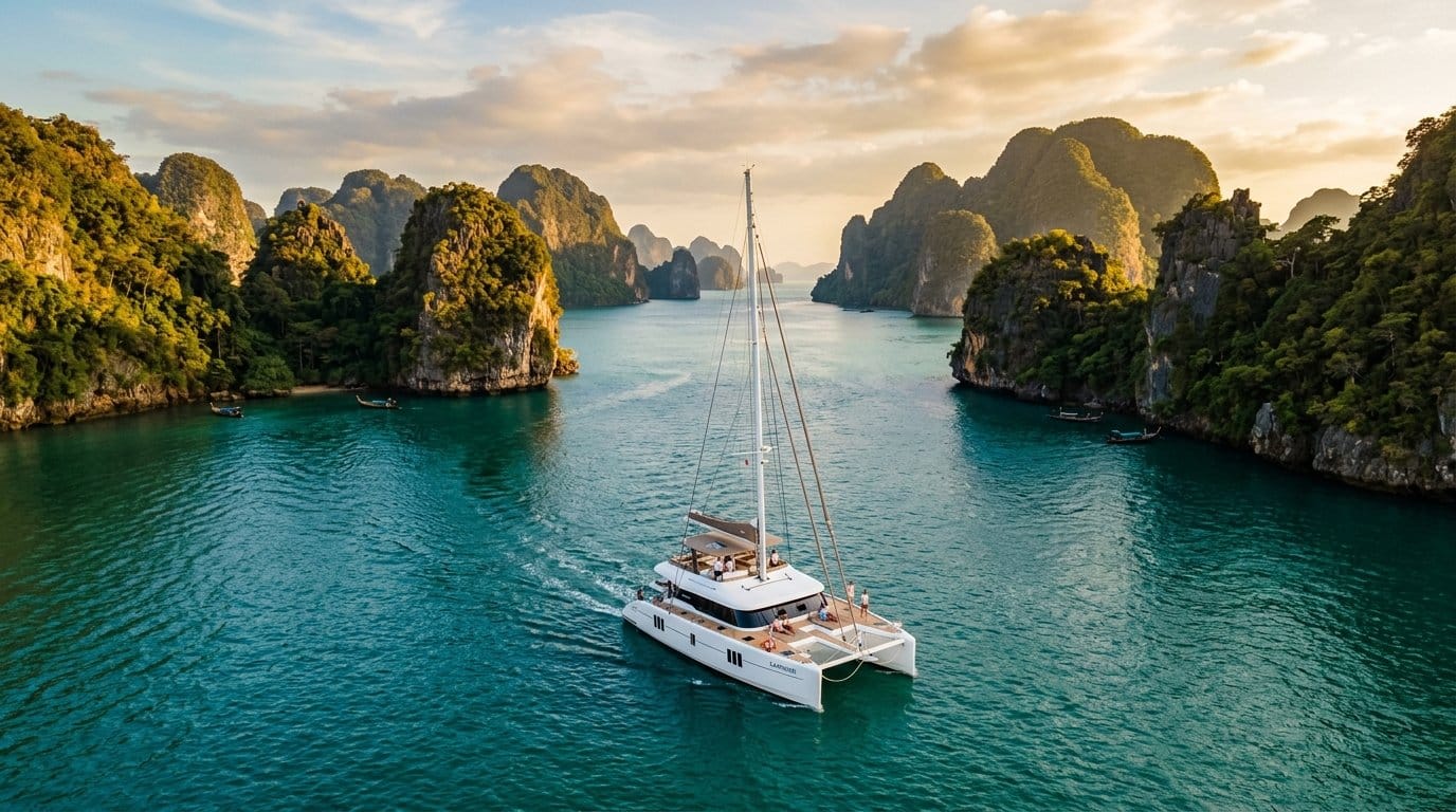 Luxury catamaran sailing through Phang Nga Bay as part of a bespoke Thailand itinerary planning experience