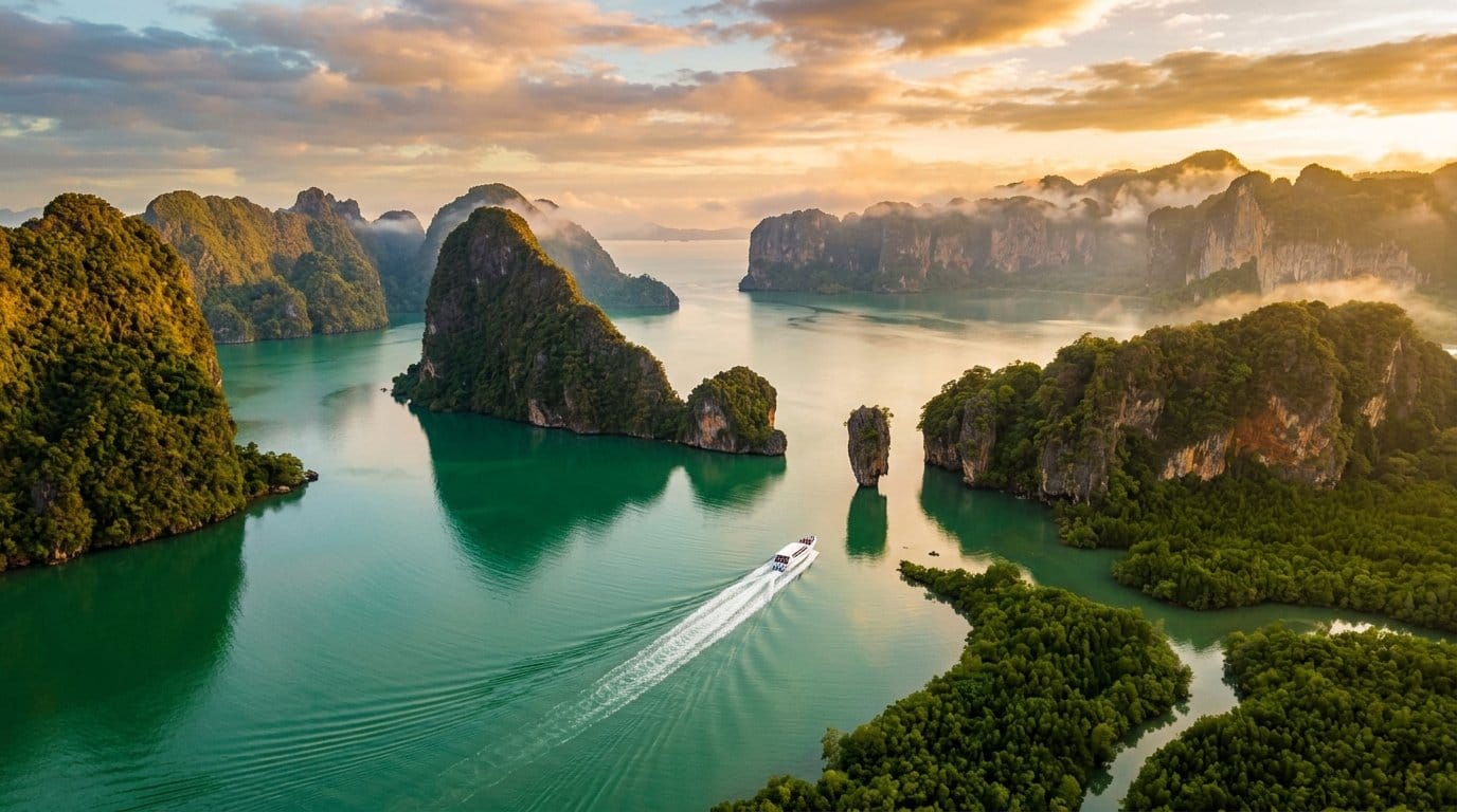 Phang Nga Bay day trip hidden gems — limestone karsts and private speedboat on emerald water at golden hour