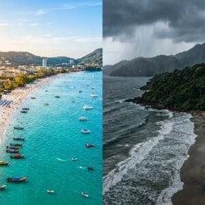Phuket coastline showing the contrast between high season sunshine and low season lush greenery, illustrating Phuket high season vs low season prices and experiences