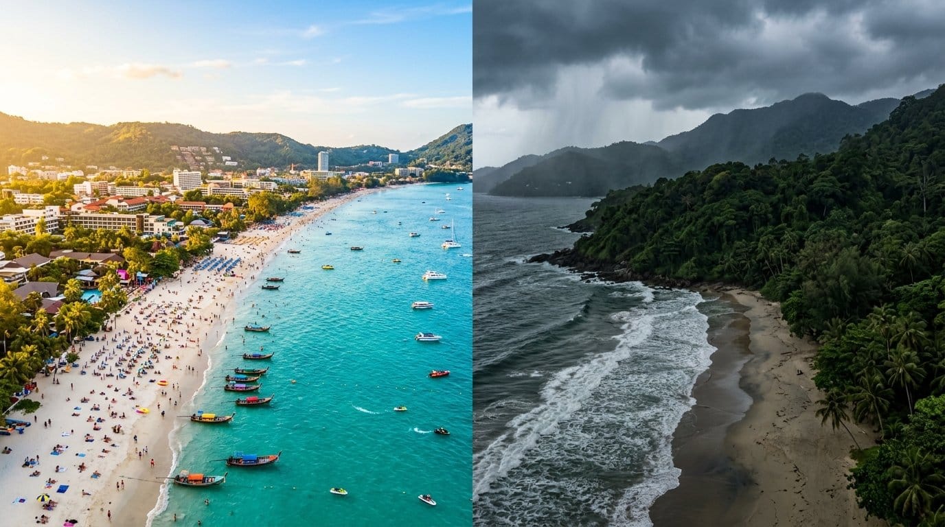 Phuket coastline showing the contrast between high season sunshine and low season lush greenery, illustrating Phuket high season vs low season prices and experiences