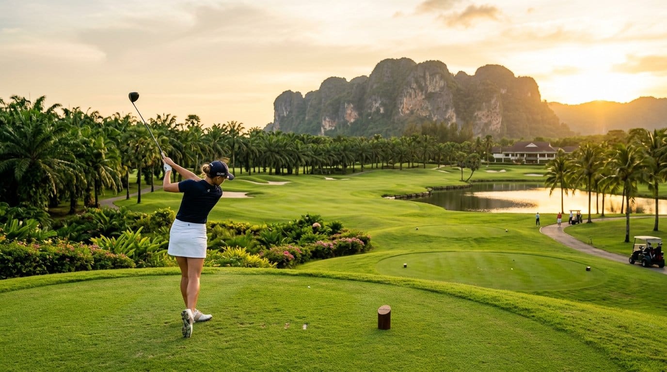 Golfer on a lush tropical fairway during a golf trip to Phuket at sunset