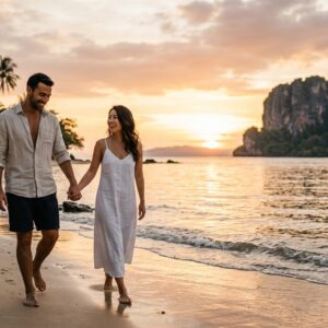 Planning a Phuket Proposal? Our Wedding Arrangements Make Romance Unforgettable Couple walking on a Phuket beach at sunset for a romantic proposal, Andaman Sea glowing golden behind them.