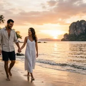 Planning a Phuket Proposal? Our Wedding Arrangements Make Romance Unforgettable Couple walking on a Phuket beach at sunset for a romantic proposal, Andaman Sea glowing golden behind them.