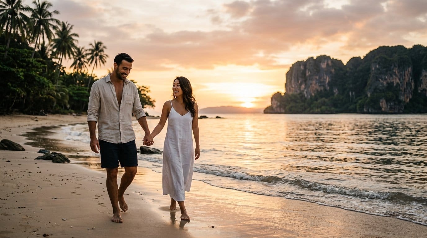 Couple walking on a Phuket beach at sunset for a romantic proposal, Andaman Sea glowing golden behind them.
