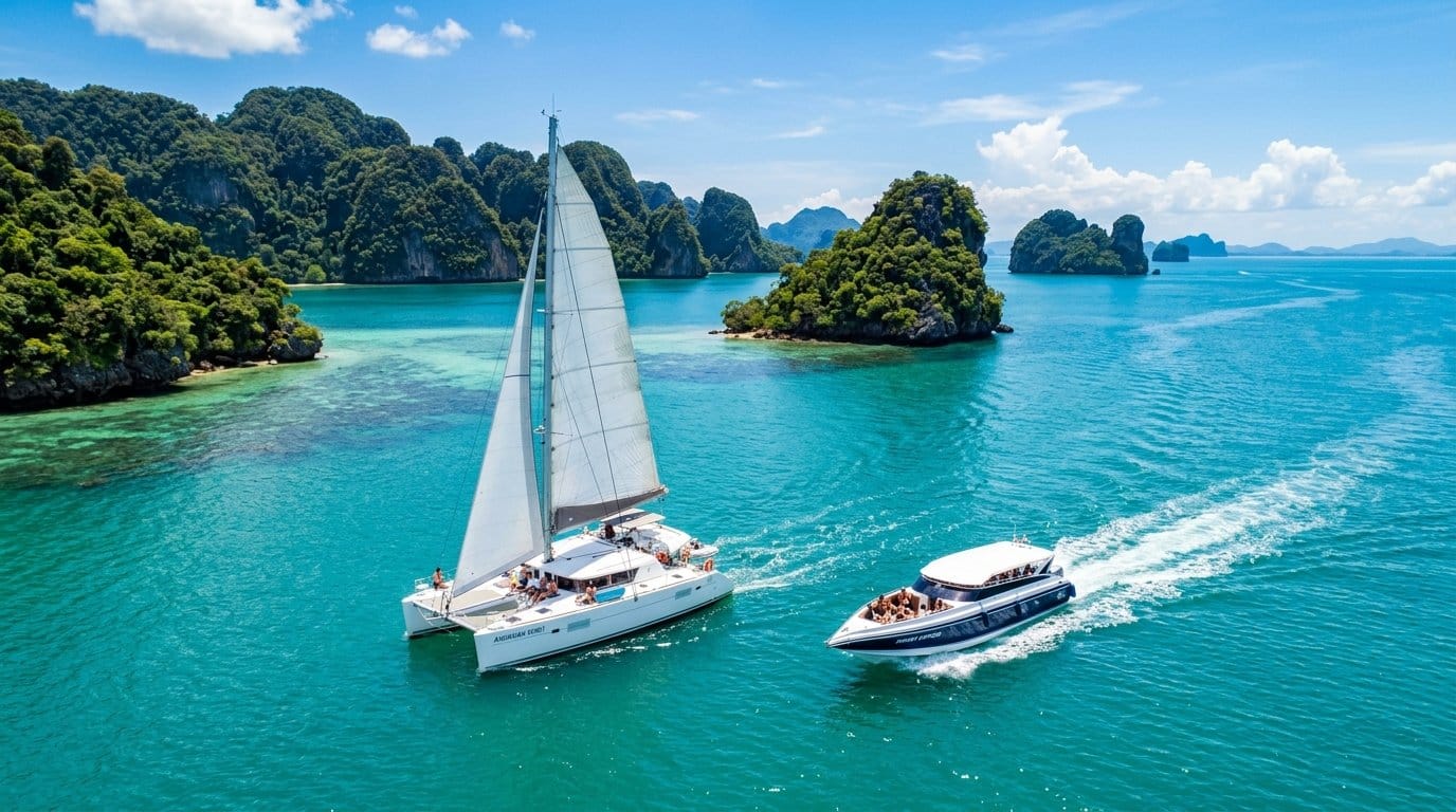 Sailing yacht and speedboat on the Andaman Sea near Phuket for island hopping