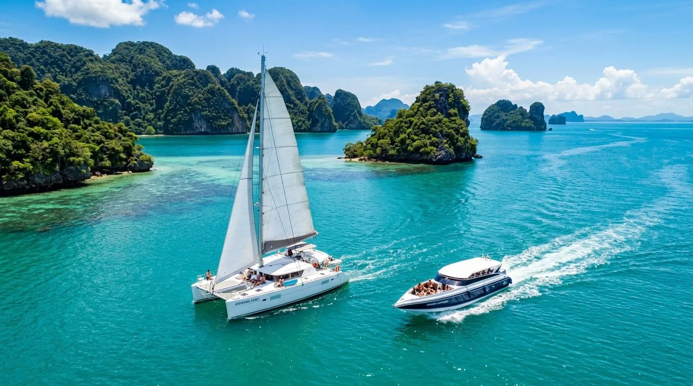 Sailing yacht and speedboat on the Andaman Sea near Phuket for island hopping