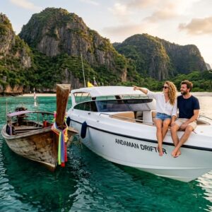 Speed Boats, Longtails, or Catamarans? Explore Phuket Waters Your Way with Private Bookings Couple on a private speedboat near a limestone island in Phuket's turquoise Andaman Sea, Thailand