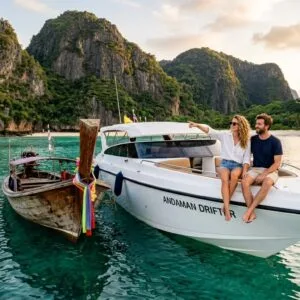 Speed Boats, Longtails, or Catamarans? Explore Phuket Waters Your Way with Private Bookings Couple on a private speedboat near a limestone island in Phuket's turquoise Andaman Sea, Thailand