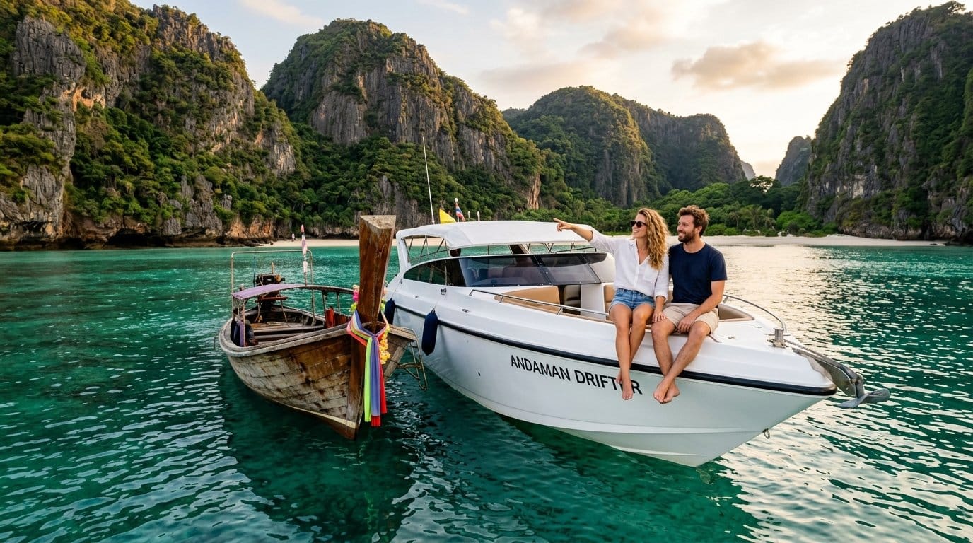 Couple on a private speedboat near a limestone island in Phuket's turquoise Andaman Sea, Thailand