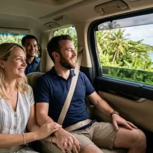 Stressed About Getting Around Phuket? Our Ground Transportation Network Has You Covered! Happy tourists riding in a private transfer vehicle through Phuket, Thailand, enjoying stress-free ground transportation.