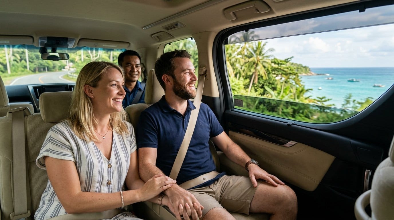 Happy tourists riding in a private transfer vehicle through Phuket, Thailand, enjoying stress-free ground transportation.