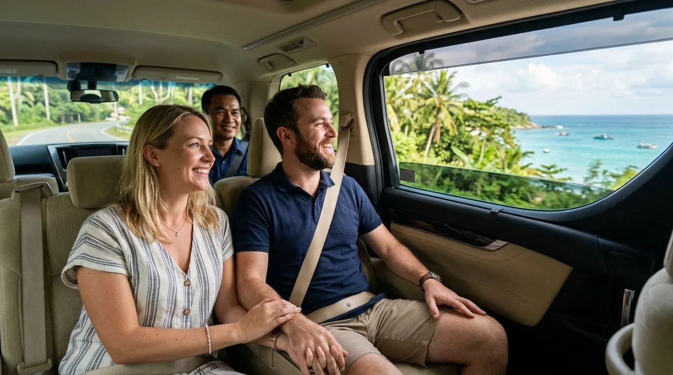 Happy tourists riding in a private transfer vehicle through Phuket, Thailand, enjoying stress-free ground transportation.
