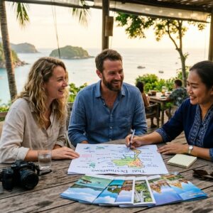 Too Many Choices in Thailand? Let Us Design Your Dream Holiday Stress-Free Couple planning a custom Thailand holiday with a travel consultant in Phuket, with turquoise sea views in the background.