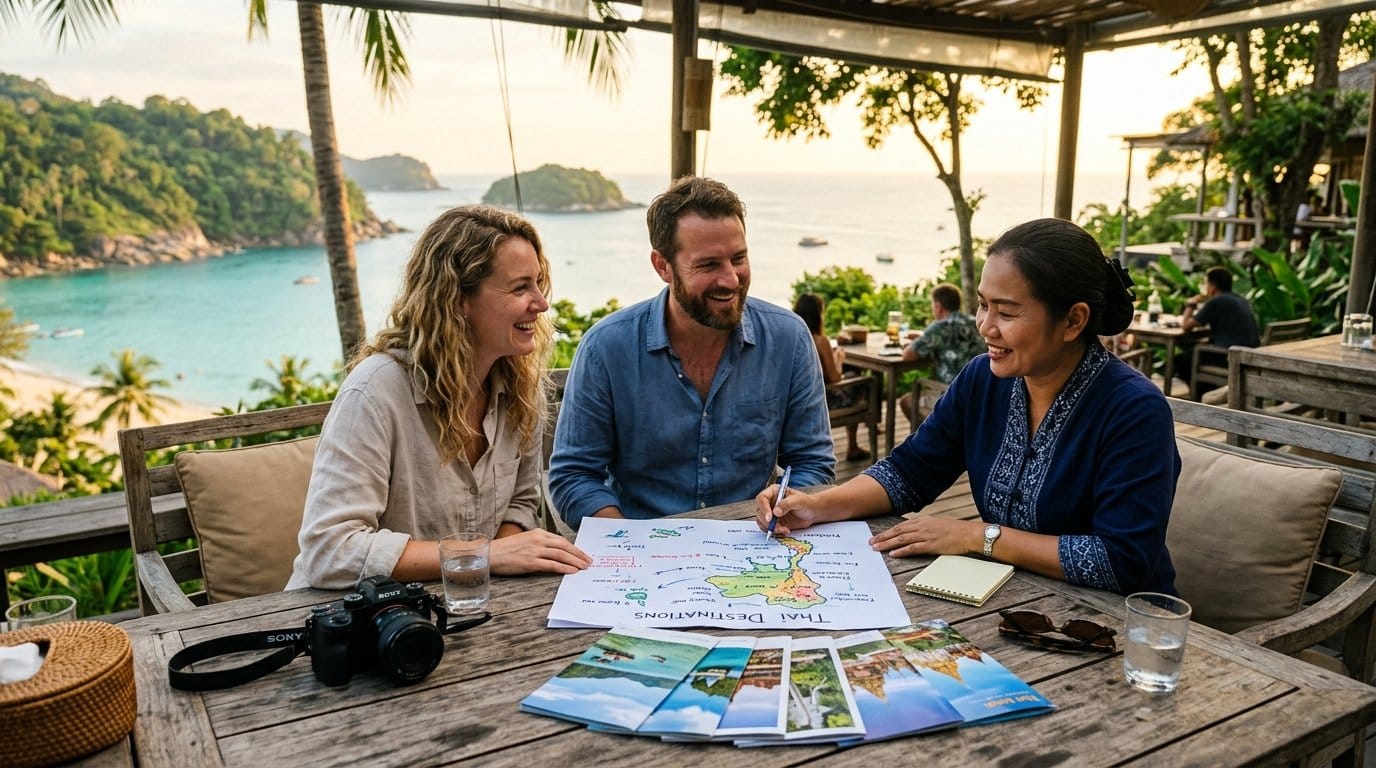 Couple planning a custom Thailand holiday with a travel consultant in Phuket, with turquoise sea views in the background.
