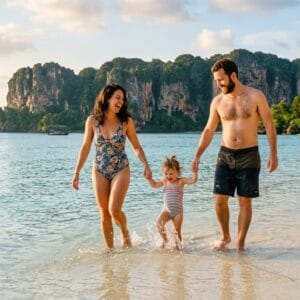 Family with toddler paddling on a calm Thai beach — travelling Thailand with baby toddler tips