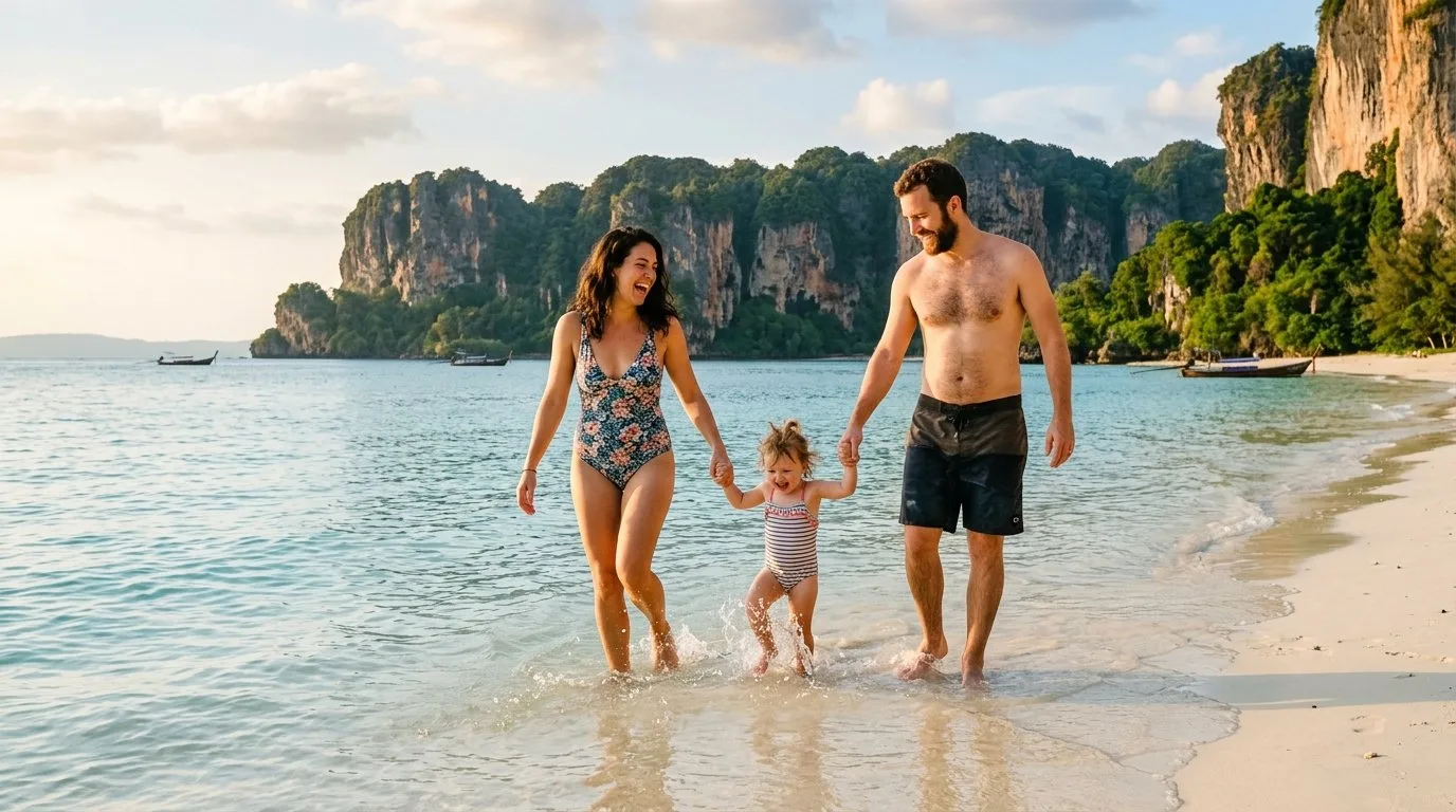 Family with toddler paddling on a calm Thai beach — travelling Thailand with baby toddler tips