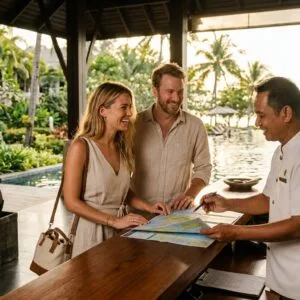 Unsure Where to Stay in Thailand? Our Hotel Booking Secrets Guarantee the Perfect Spot Couple getting hotel booking advice from a concierge at a luxury Phuket Thailand resort with tropical gardens