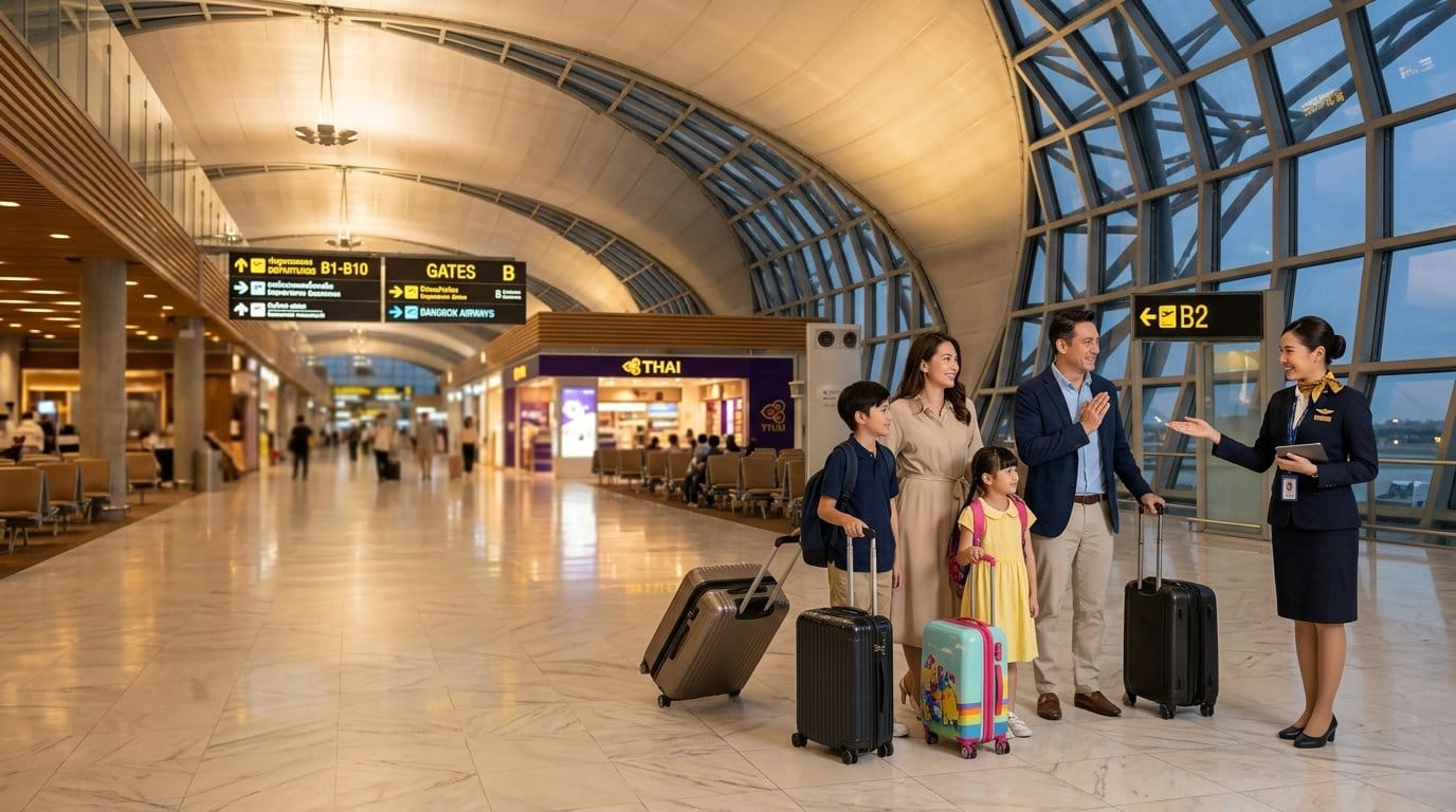 VIP airport fast-track Bangkok Suvarnabhumi service with a family being assisted through immigration by a professional meet-and-greet agent